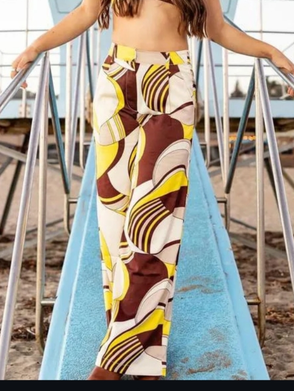 House of Harlow 1960 Yellow, Brown & Cream Abstract Wide Leg Pants Size Medium